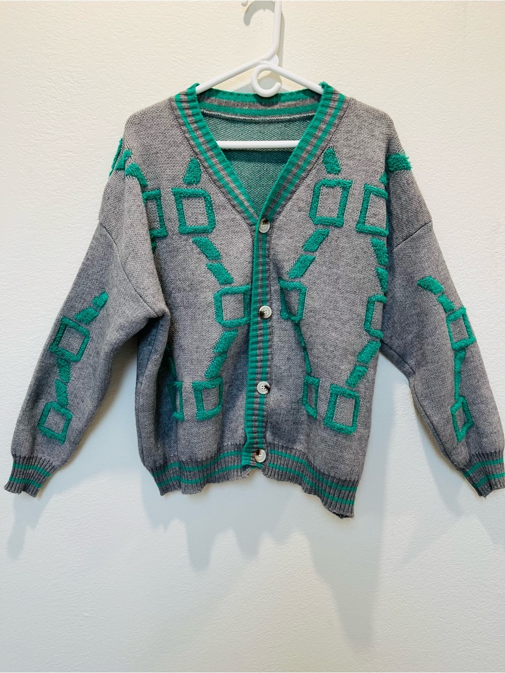 Women's Gray V-Neck Button Cardigan with Green Geometric Trim